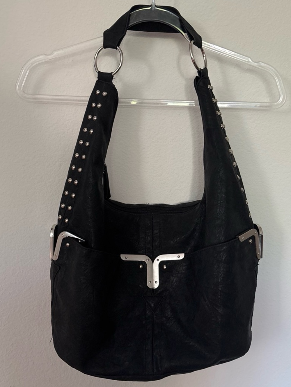Faux Leather Black Studded Shoulder Bag with Silver Accents